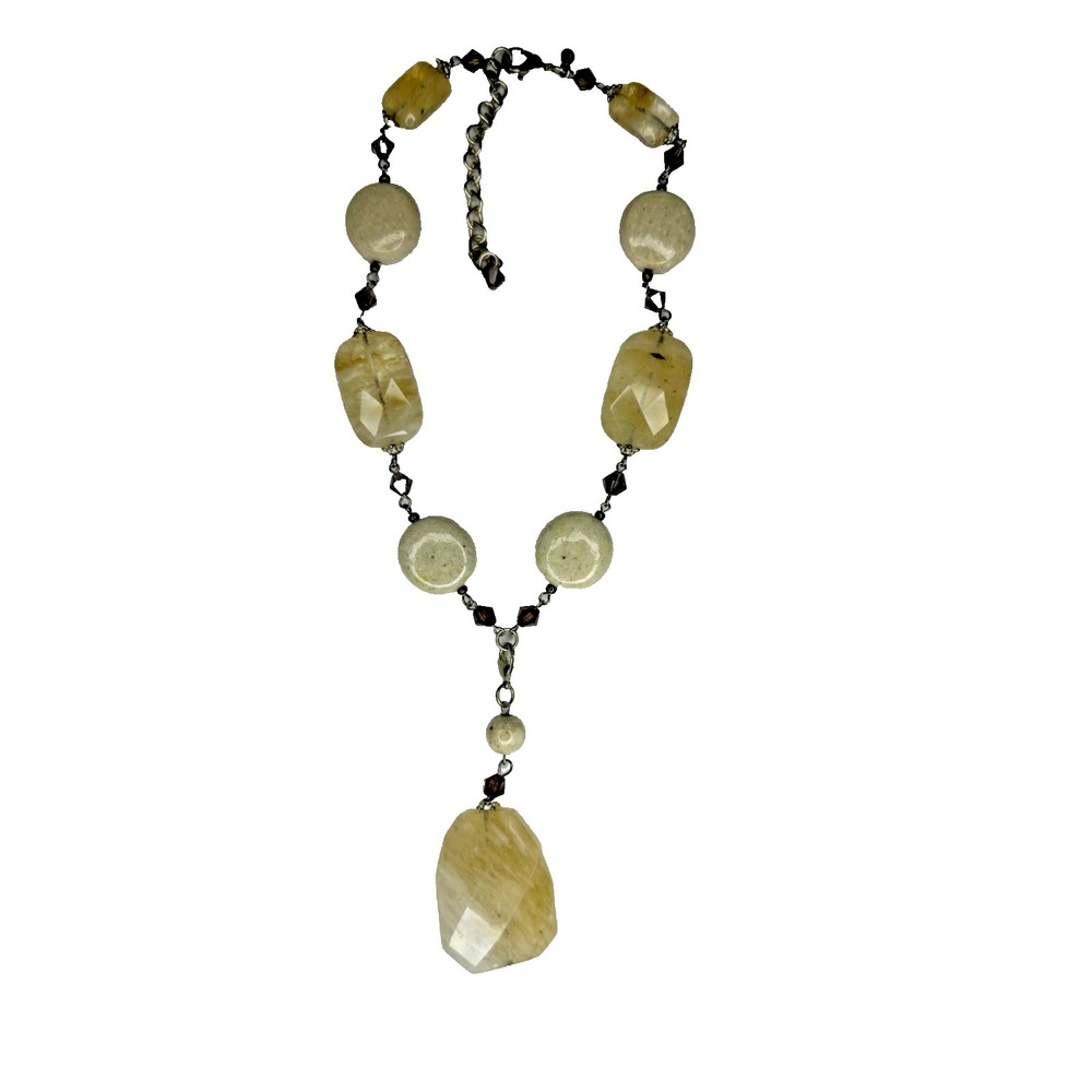 Vtg Premier Designs Beaded Y-Necklace Rutilated‎ Quartz Style Earth Tones Lariat